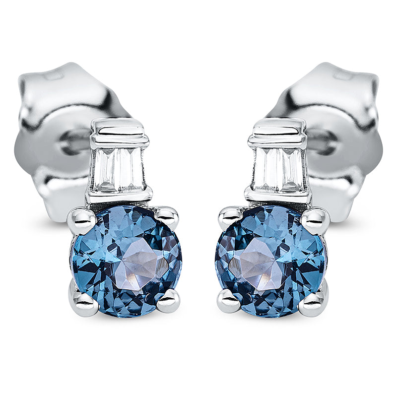 Ohrstecker 18 kt WG, 4 Bag. 0,03 ct, TW-si, 2 Topase 0,64 ct Lond. blue