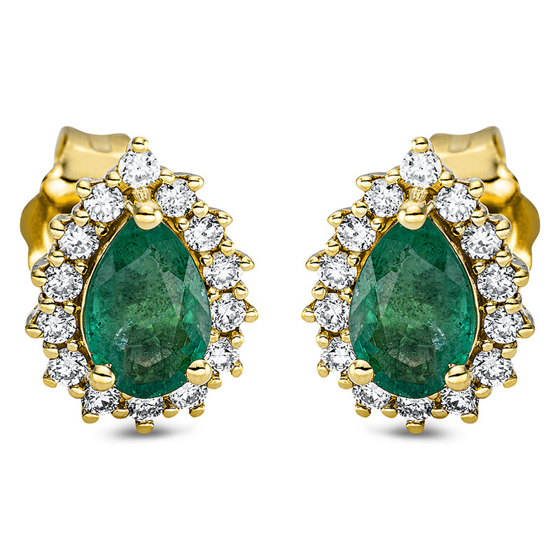 Ohrstecker 18 kt GG, 28 Brill. 0,21 ct, TW-si, 2 Smaragde 0,60 ct grün