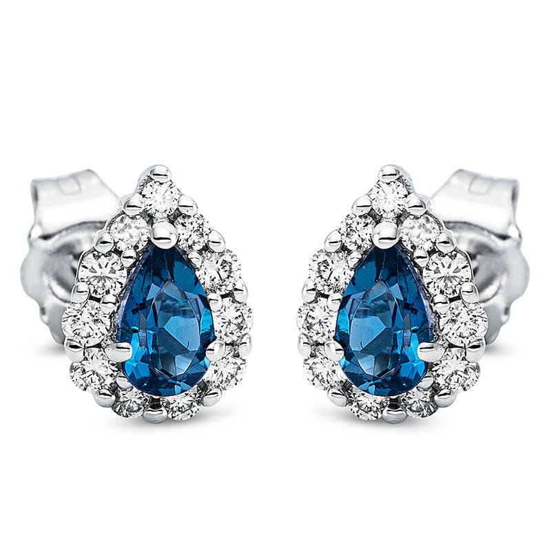 Ohrstecker 18 kt WG, 22 Brill. 0,25 ct, TW-si, 2 Topase 0,50 ct Lond. blue