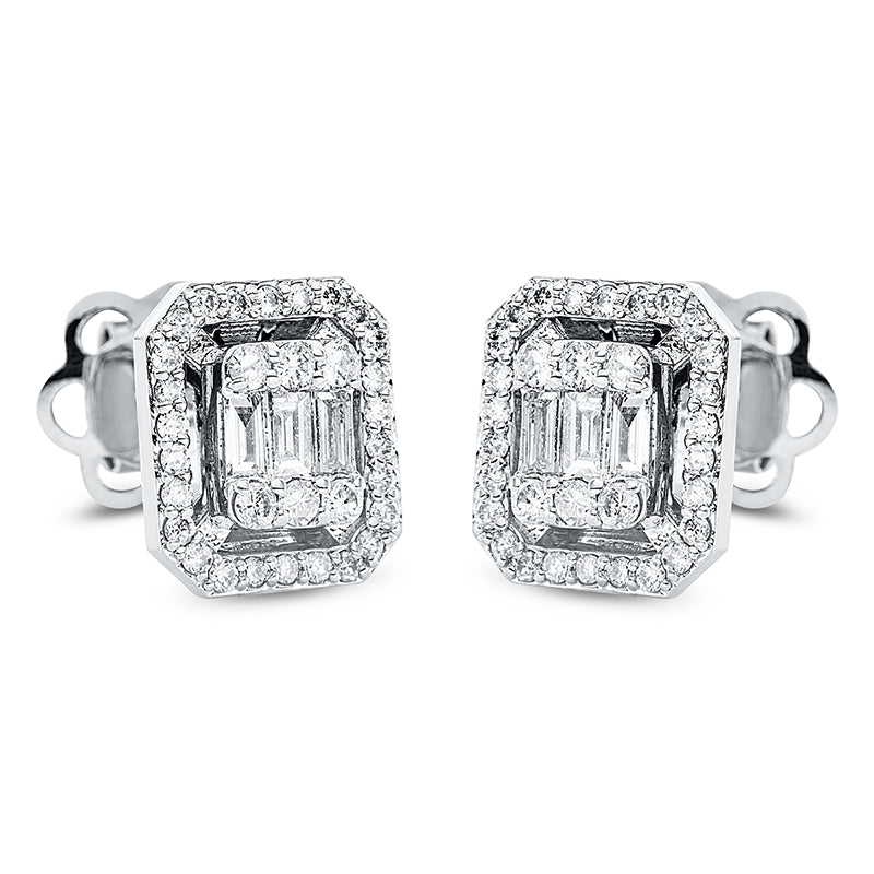 Ohrstecker 18 kt WG, 6 Bag. 0,14 ct, F-si, 64 Brill. 0,29 ct, F-si