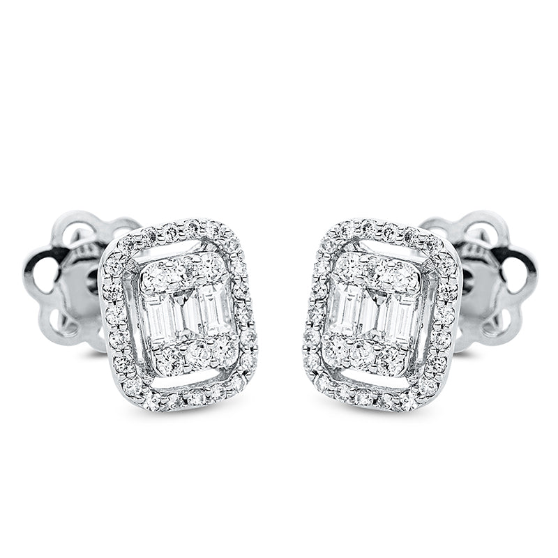Ohrstecker 18 kt WG, 6 Bag. 0,19 ct, F-si, 56 Brill. 0,31 ct, F-si