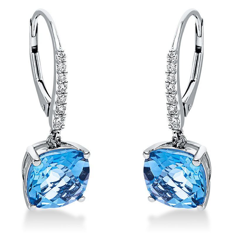 Ohrschmuck 18 kt WG, 14 Brill. 0,14 ct, TW-si, 21 Topase 5,13 ct blau