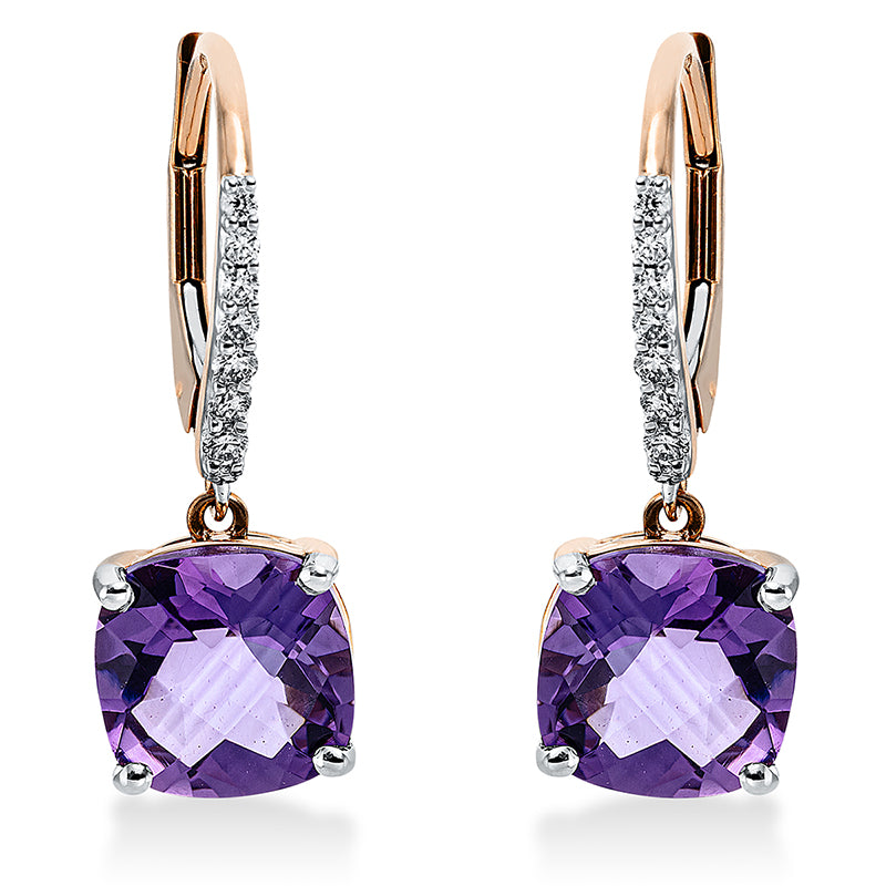 Ohrschmuck 18 kt RG, 14 Brill. 0,14 ct, TW-si, 2 Amethyste 4,07 ct lila