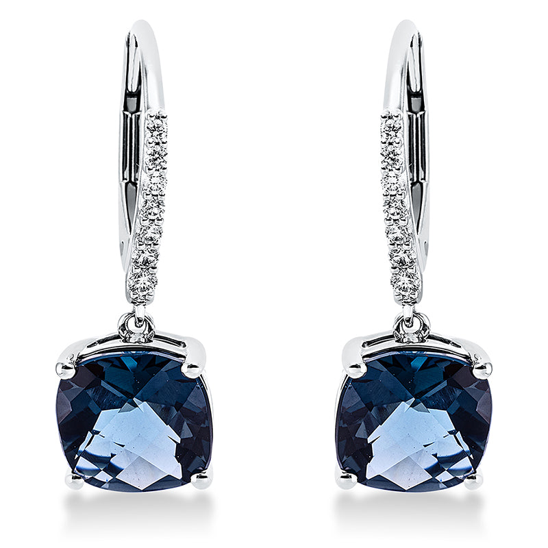 Ohrschmuck 18 kt WG, 14 Brill. 0,14 ct, TW-si, 2 Topase 5,02 ct Lond. blue