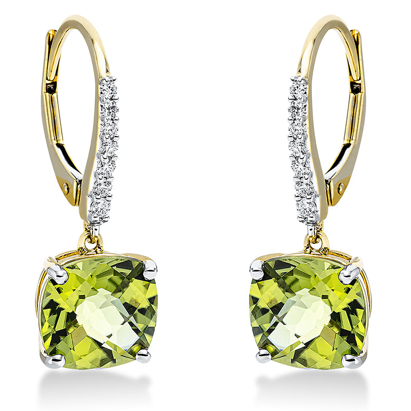 Ohrschmuck 18 kt GG, 14 Brill. 0,14 ct, TW-si, 2 Peridot 4,58 ct grün