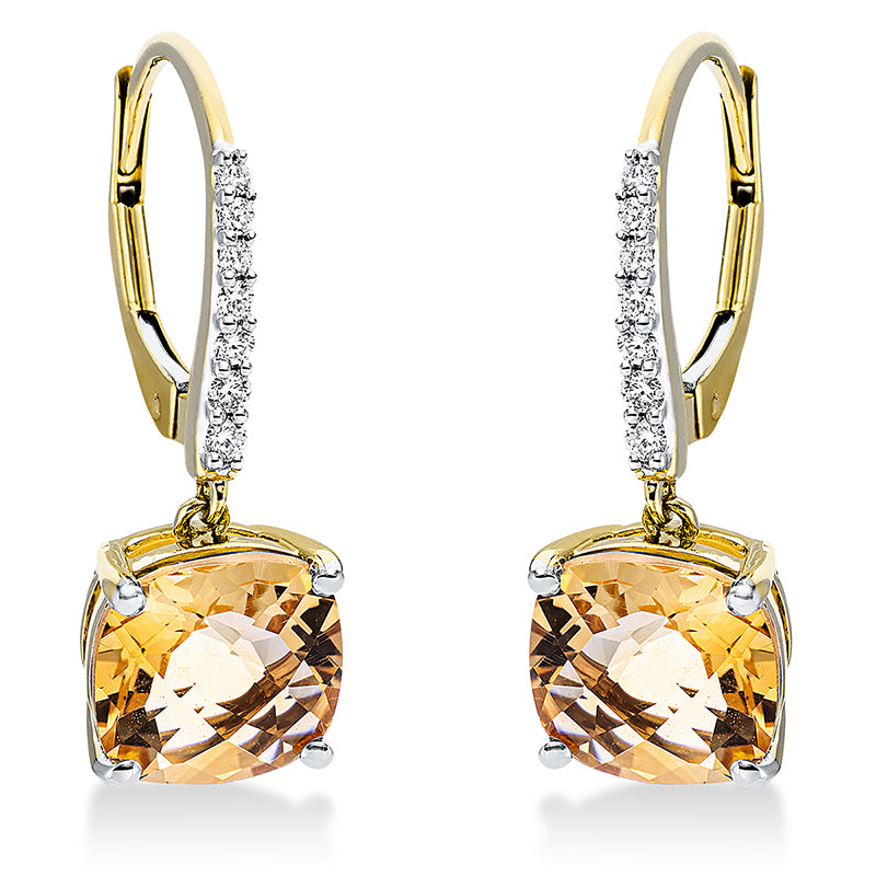 Ohrschmuck 18 kt GG, 14 Brill. 0,13 ct, TW-si, 2 Citrin 4,22 ct gelb