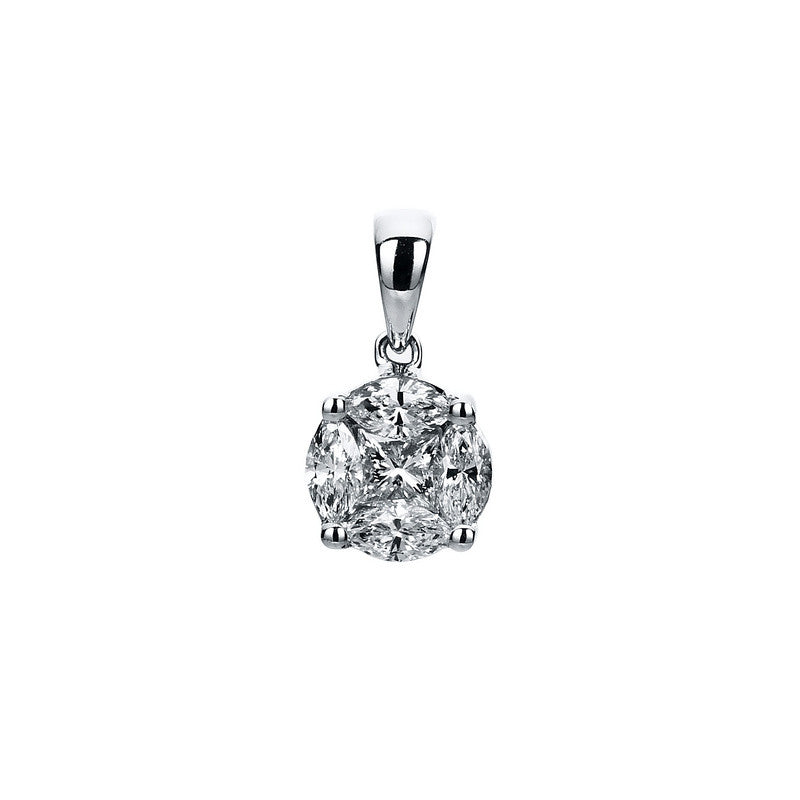 Anhänger 18 kt WG, mit Öse, 1 Princ. 0,17 ct, TW-si, 4 Nav. 0,29 ct, TW-si