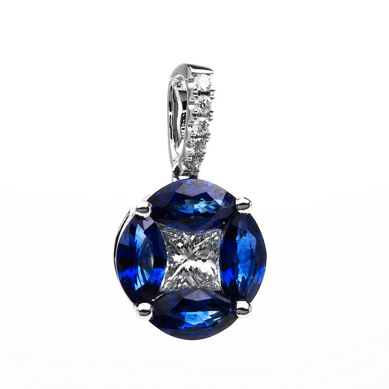 Anhänger 18 kt WG, 1 Princ. 0,26 ct, TW-vsi/si, 5 Brill. 0,03 ct, TW-si, 4 Saphire 1,12 ct blau