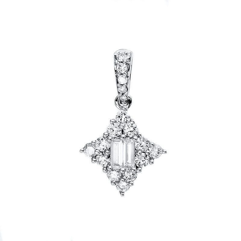 Anhänger 18 kt WG, 2 Bag. 0,08 ct, TW-si, 17 Brill. 0,28 ct, TW-si