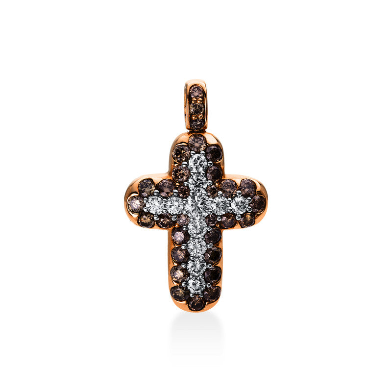 Anhänger 18 kt RG+WG Kreuz. mit Öse. 11 Brillanten 0.41 ct. TW-vsi. 31 Brillanten 1.00 ct. braun. H:20.4 mm. B:15.6 mm