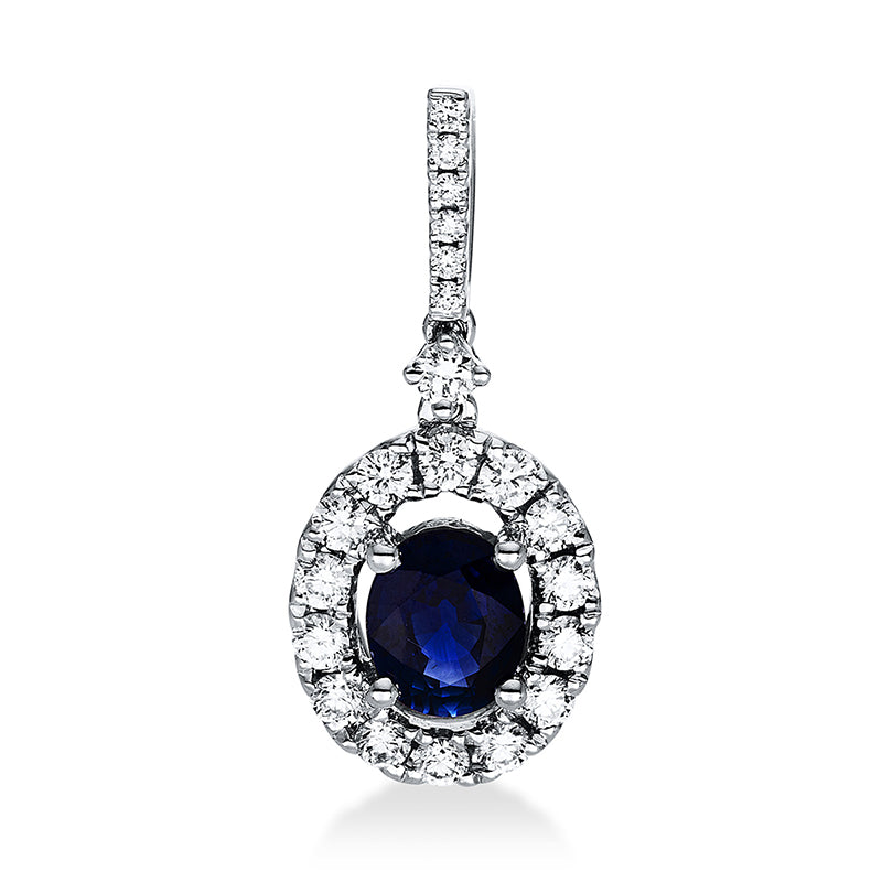 Anhänger 18 kt WG, mit Öse, 21 Brill. 0,31 ct, TW-si, 1 Saphir 0,68 ct