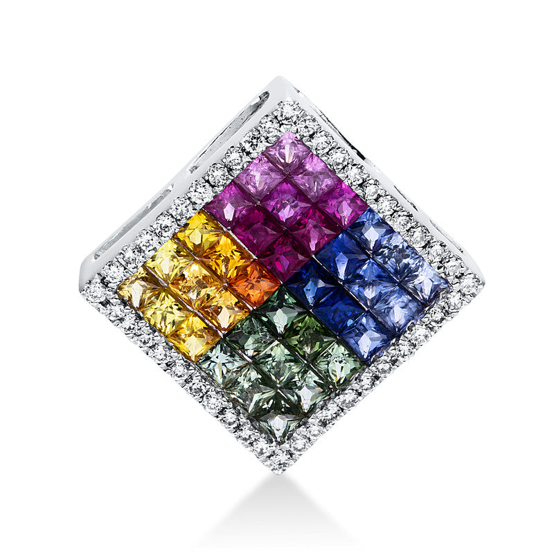 Anhänger 18 kt WG, 48 Brill. 0,23 ct, TW-si, 36 Saphire 2,13 ct fancy