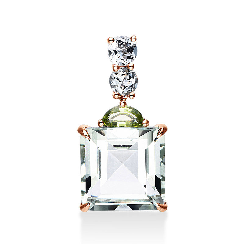Anhänger 4er-Krappe 18 kt RG. 1 Peridot 0.40 ct grün. 2 Amethyste 0.40 ct grün. 1 Amethyst 5.60 ct grün. H:20.4 mm. B:10.6 mm