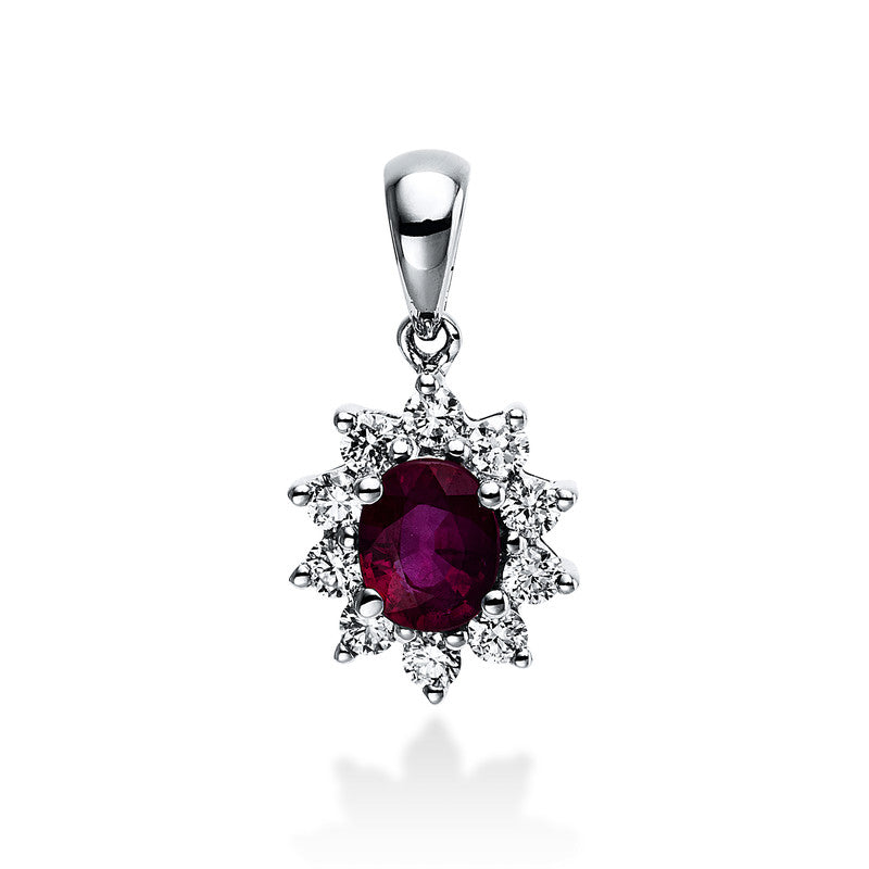Anhänger 18 kt WG, mit Öse, 10 Brill. 0,21 ct, TW-vsi, 1 Rubin 0,44 ct rot