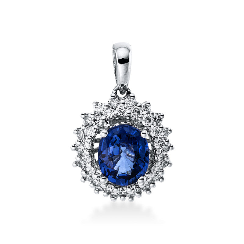 Anhänger 18 kt WG, mit Öse, 36 Brill. 0,29 ct, W-pi, 1 Saphir 1,15 ct blau