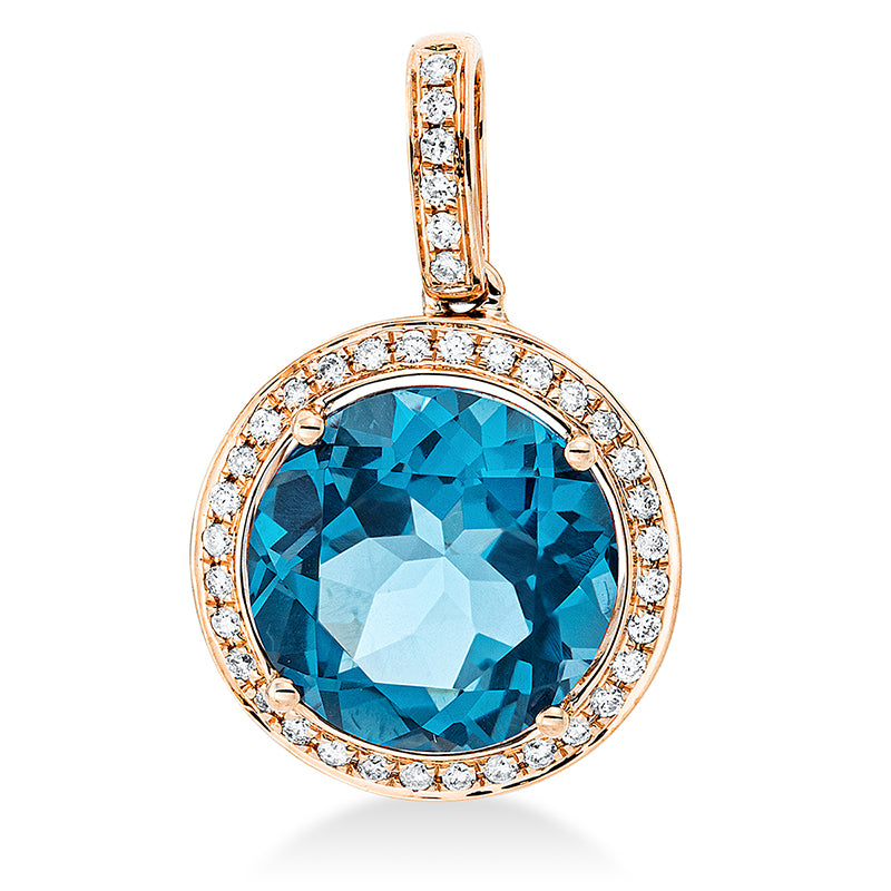 Anhänger 18 kt RG, mit Öse, 38 Brill. 0,22 ct, TW-si, 1 Topas 6,50 ct Lond. blue