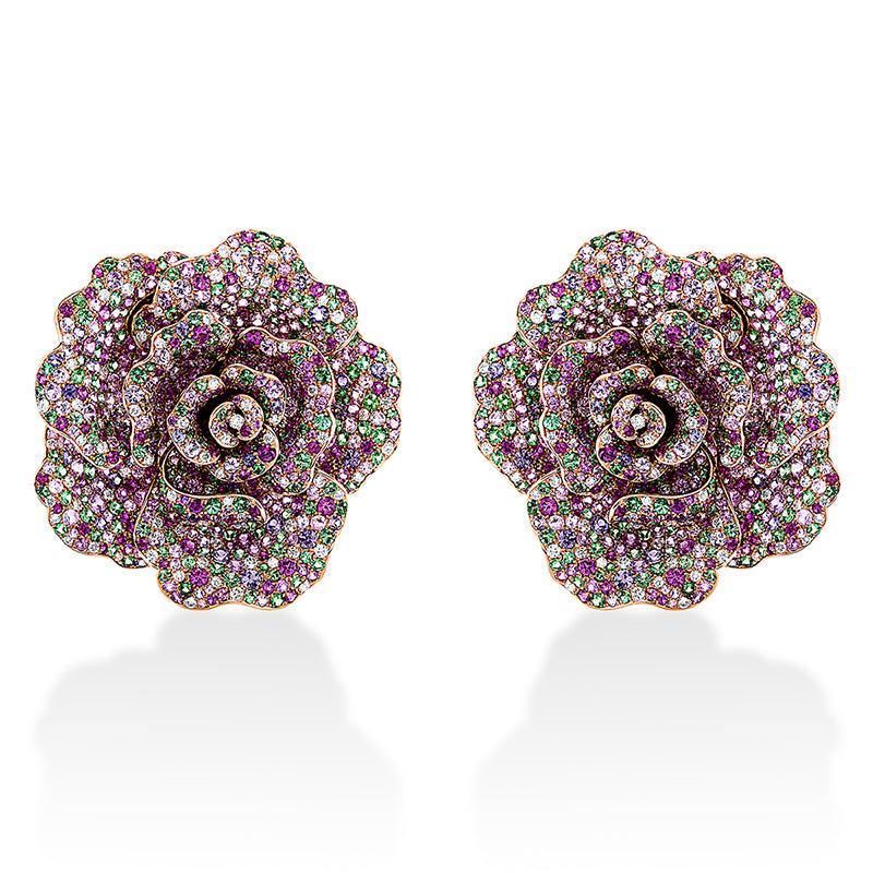 Brosche 18 kt RG, 113 Brill. 2,26 ct, TW-vsi/si, 201 6,60 ct grün, 512 Saphire 21,24 ct pink