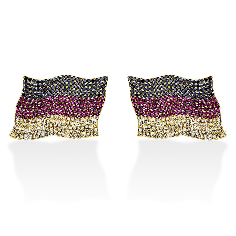 Brosche 18 kt GG, 105 Brill. 1,53 ct, schwarz, 105 Saphire 1,87 ct gelb, 105 Rubine 1,85 ct rot