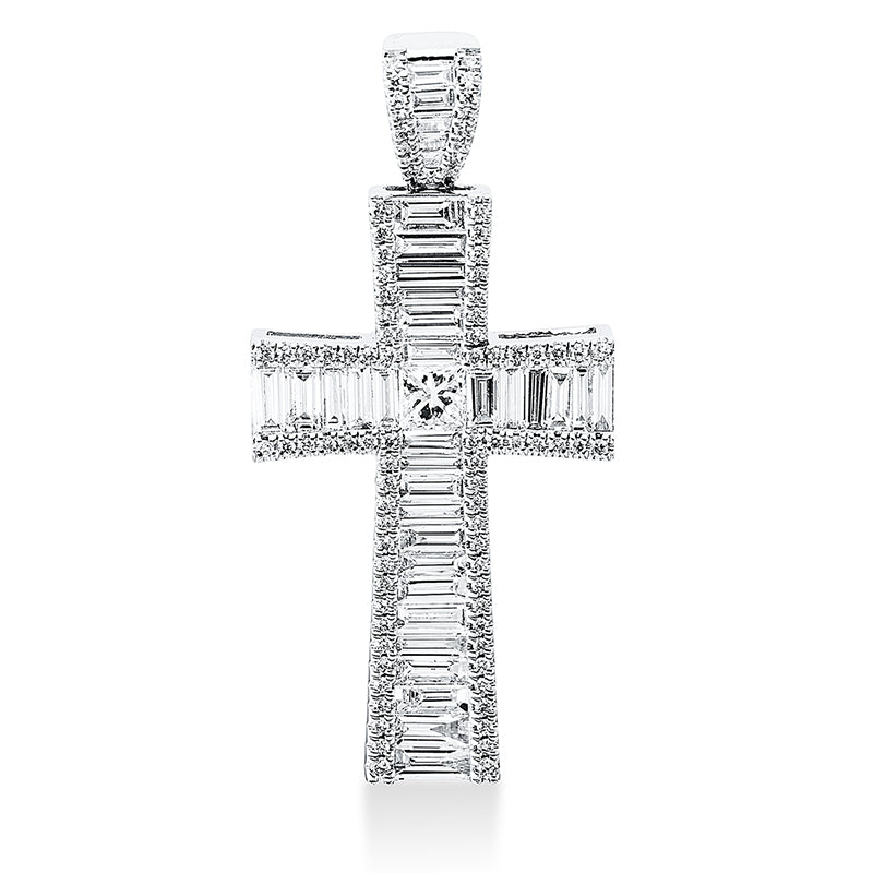 Anhänger 18 kt WG, mit Öse, 1 Princ. 0,14 ct, TW-si, 24 Bag. 1,69 ct, TW-si, 90 Brill. 0,24 ct, TW-si