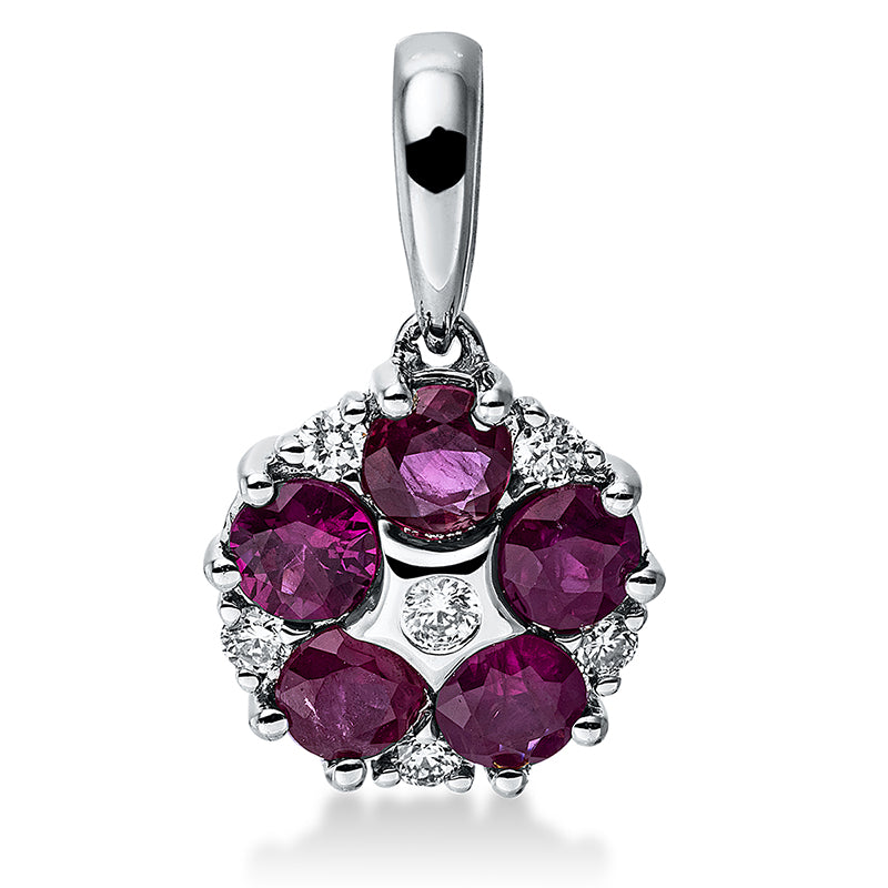Anhänger 18 kt WG. 6 Brillanten 0.07 ct. TW-si. 5 Rubine 0.63 ct rot
