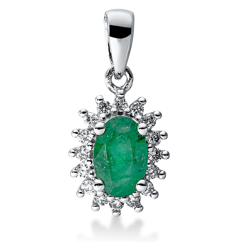 Anhänger 18 kt WG, mit Öse, 16 Brill. 0,10 ct, TW-si, 1 Smaragd 0,39 ct grün