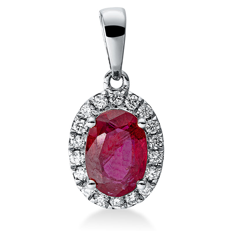Anhänger 18 kt WG, mit Öse, 18 Brill. 0,12 ct, TW-si, 1 Rubin 0,95 ct rot