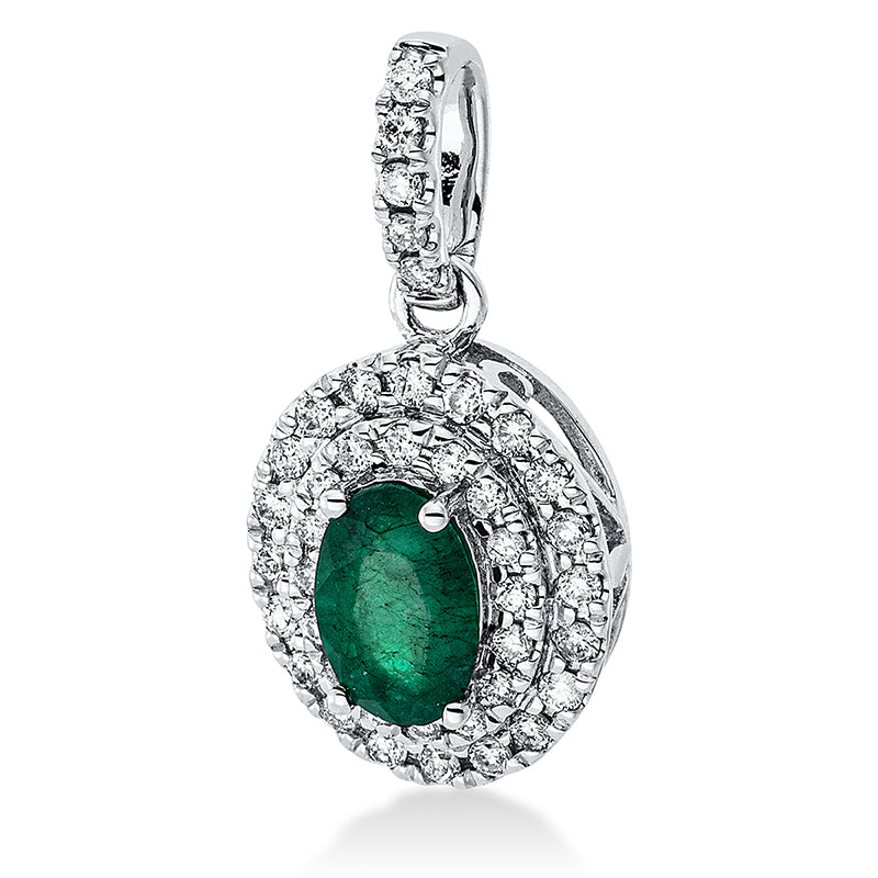 Anhänger 18 kt WG, mit Öse, 41 Brill. 0,18 ct, TW-pi, 1 Smaragd 0,39 ct gelb