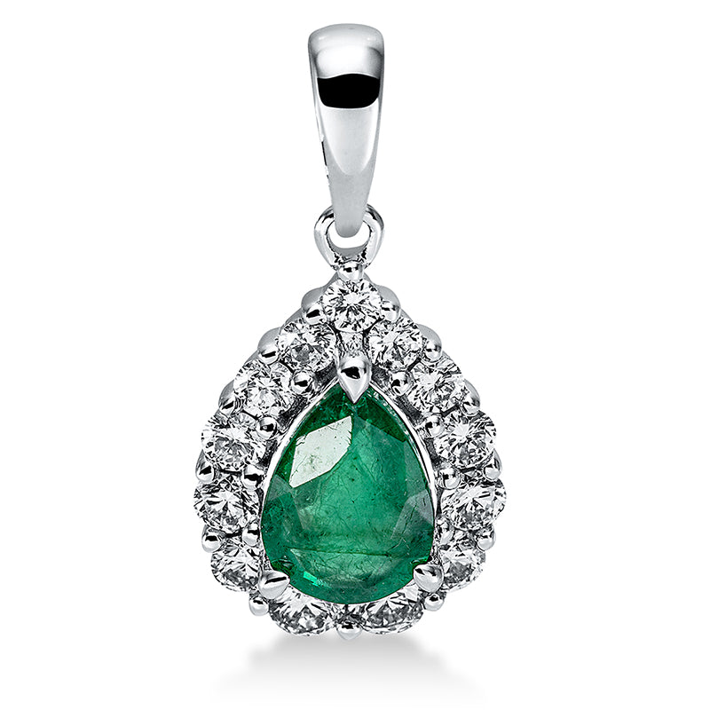 Anhänger 3er-Krappe 18 kt WG. mit Öse. 13 Brillanten 0.36 ct. TW-si. 1 Smaragd 0.63 ct grün. H:18.6 mm. B:8.9 mm. S:3.6 mm