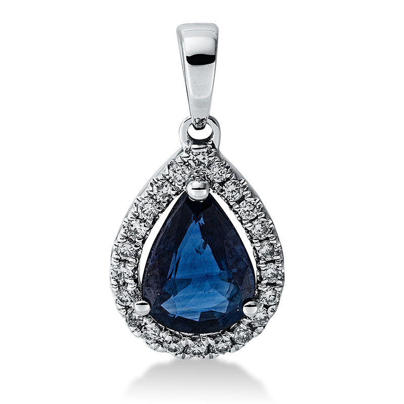 Anhänger 3er-Krappe 18 kt WG. mit Öse. 22 Brillanten 0.08 ct. I-si. 1 Saphir 0.70 ct blau. H:15.1 mm. B:7.7 mm