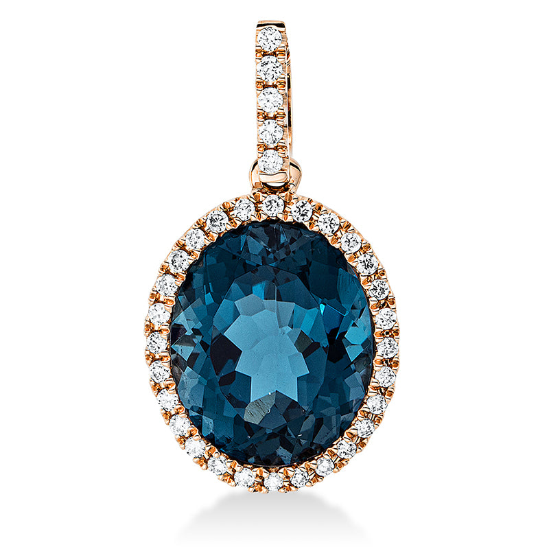Anhänger 18 kt RG. mit Öse. 33 Brillanten 0.15 ct. TW-si. 1 Topas 4.40 ct Lond. blue. H:20.4 mm. B:11.2 mm. S:5.6 mm
