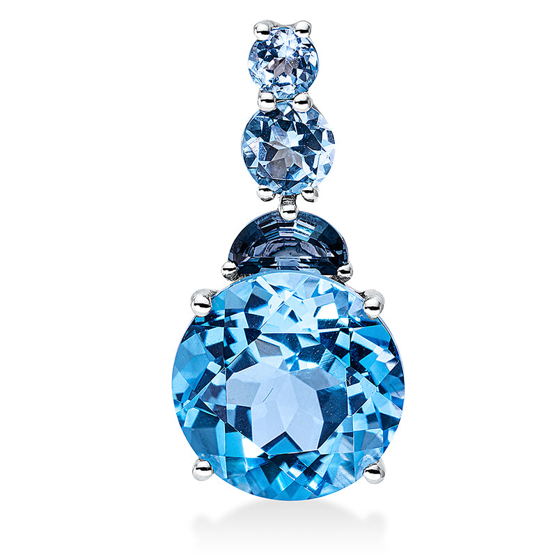 Anhänger 4er-Krappe 18 kt WG. 2 Topase 0.60 ct blau. 1 Topas 4.90 ct blau. 1 Topas 0.40 ct Lond. blue. H:20.8 mm. B:10.1 mm. S:7.1 mm