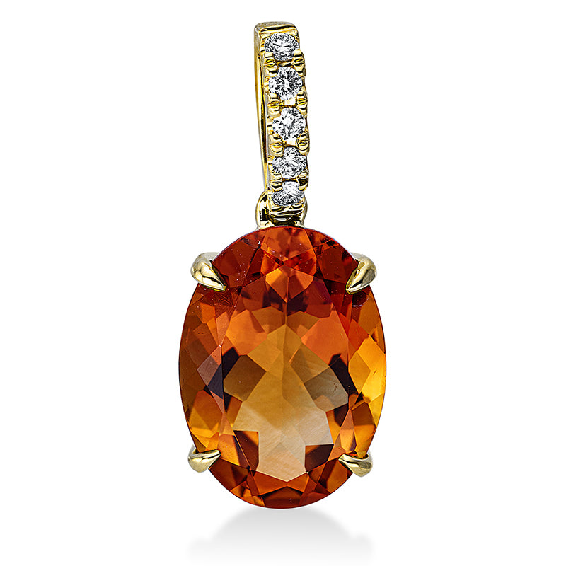 Anhänger 18 kt GG, mit Öse, 5 Brill. 0,10 ct, TW-si, 1 Citrin 5,60 ct mandarin