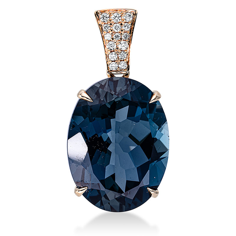 Anhänger 18 kt RG, mit Öse, 15 Brill. 0,08 ct, TW-si, 1 Topas 11,60 ct Lond. blue