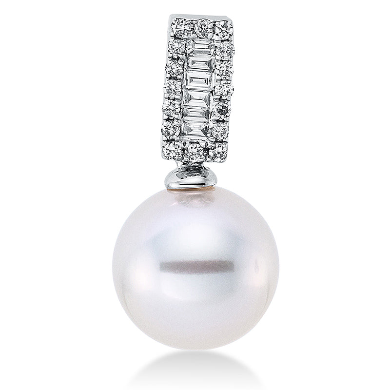 Anhänger 18 kt WG, 6 Trap. 0,06 ct, W-si, 16 Brill. 0,08 ct, W-si, 1 SS silber 9 mm