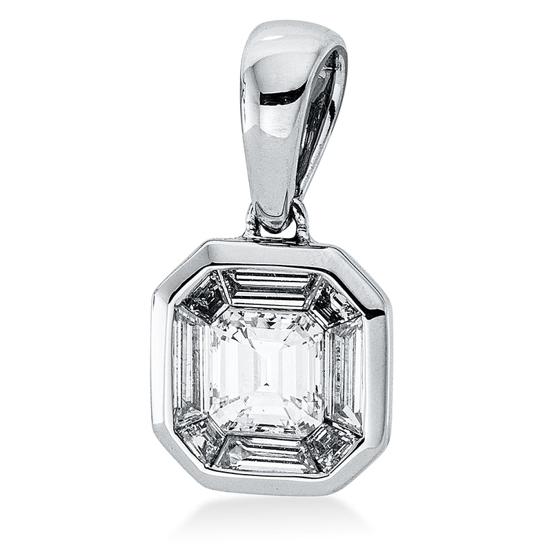 Anhänger 18 kt WG, mit Öse, 1 Sm.schliff 0,27 ct, TW-si, 8 Trap. 0,20 ct, TW-si