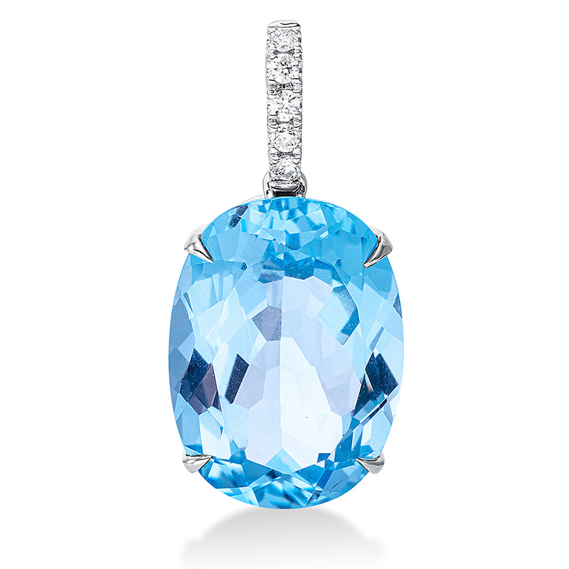 Anhänger 4er-Krappe 18 kt WG. mit Öse. 5 Brillanten 0.10 ct. TW-si. 1 Topas 16.50 ct sky blue. H:27.0 mm. B:13.1 mm. S:9.5 mm