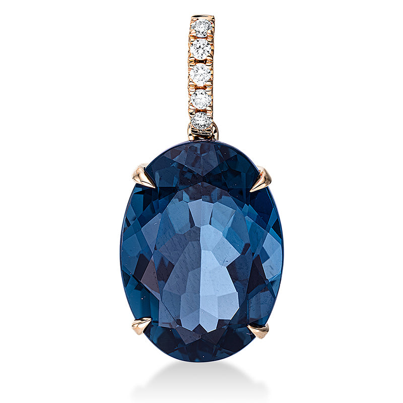 Anhänger 4er-Krappe 18 kt RG. mit Öse. 5 Brillanten 0.10 ct. TW-si. 1 Topas 16.50 ct Lond. blue. H:27.4 mm. B:13.0 mm. S:8.5 mm