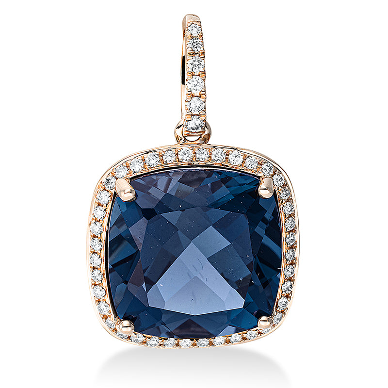 Anhänger 18 kt RG, mit Öse, 46 Brill. 0,21 ct, TW-si, 1 Topas 8,70 ct Lond. blue