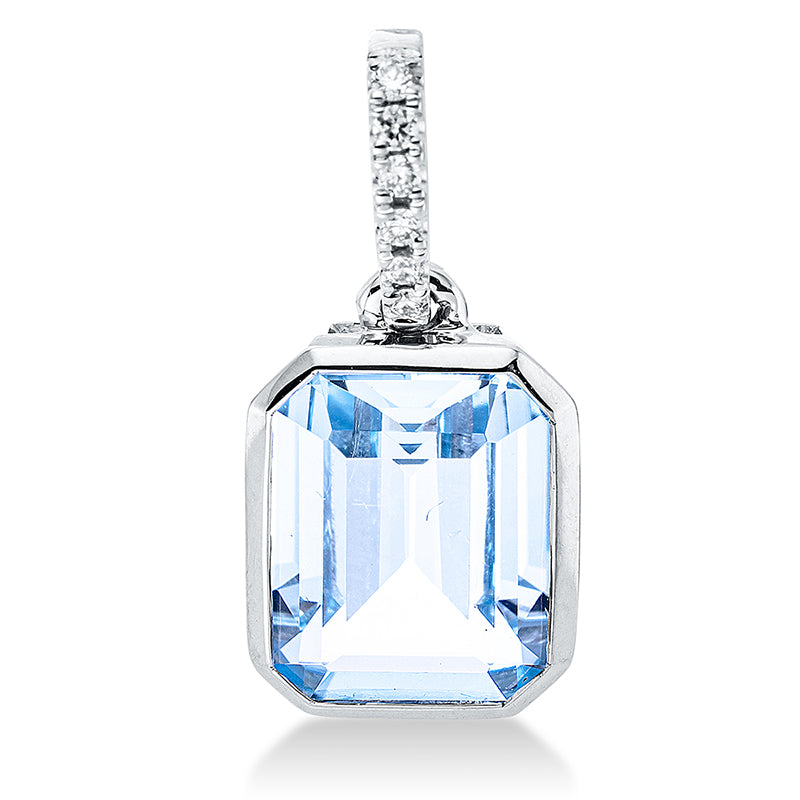 Anhänger 18 kt WG. mit Öse. 6 Brillanten 0.03 ct. TW-si. 1 Topas 2.30 ct sky blue. H:17.2 mm. B:7.8 mm. S:4.8 mm
