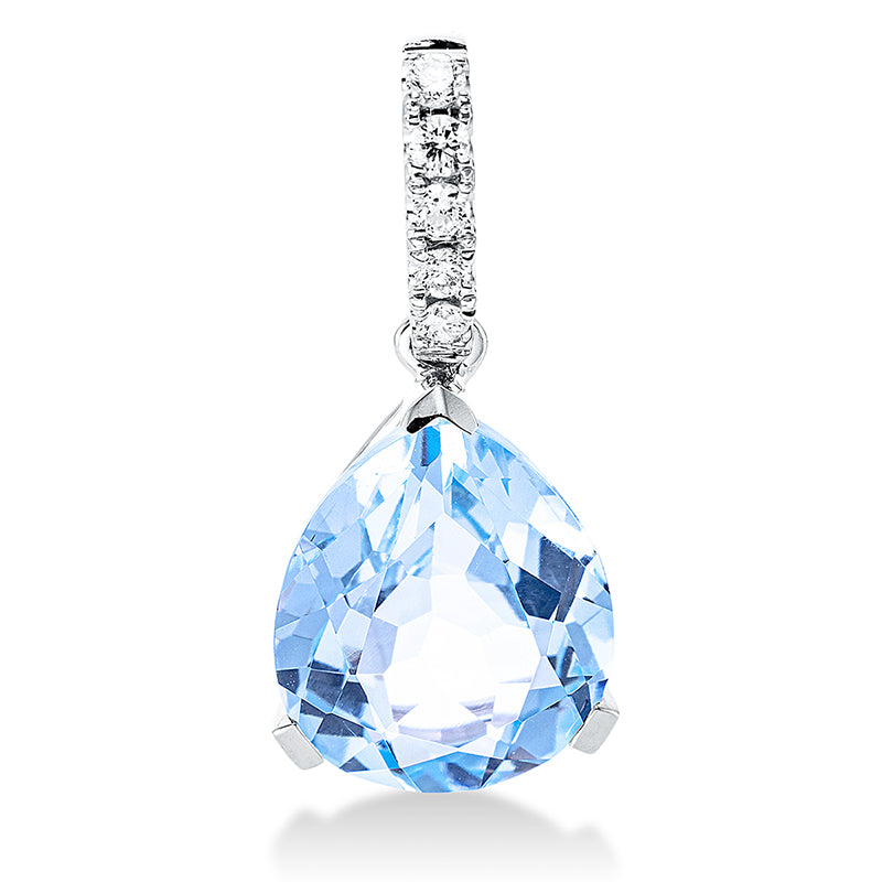 Anhänger 3er-Krappe 18 kt WG. mit Öse. 5 Brillanten 0.11 ct. TW-si. 1 Topas 5.00 ct sky blue. H:22.4 mm. B:9.5 mm. S:6.4 mm