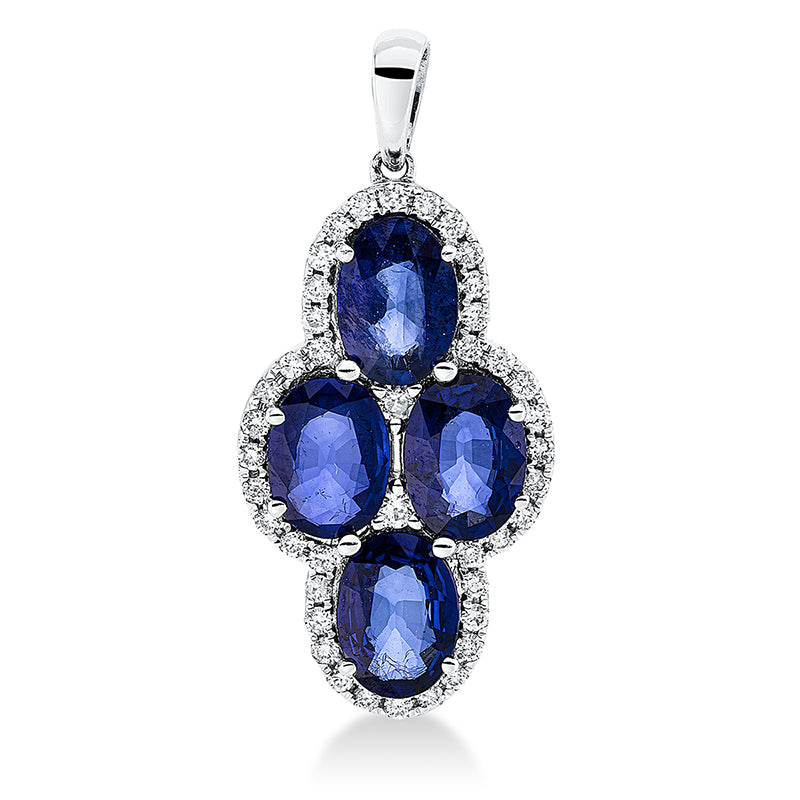 Anhänger 18 kt WG. mit Öse. 2 Brillanten 0.04 ct. TW-pi. 40 Brillanten 0.23 ct. TW-pi. 4 Saphire 2.90 ct blau