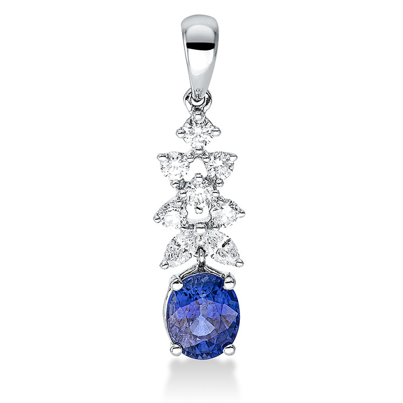 Anhänger 18 kt WG, mit Öse, 2 Nav. 0,11 ct, TW-vsi/si, 6 Brill. 0,22 ct, TW-vsi/si, 1 Saphir 1,11 ct blau