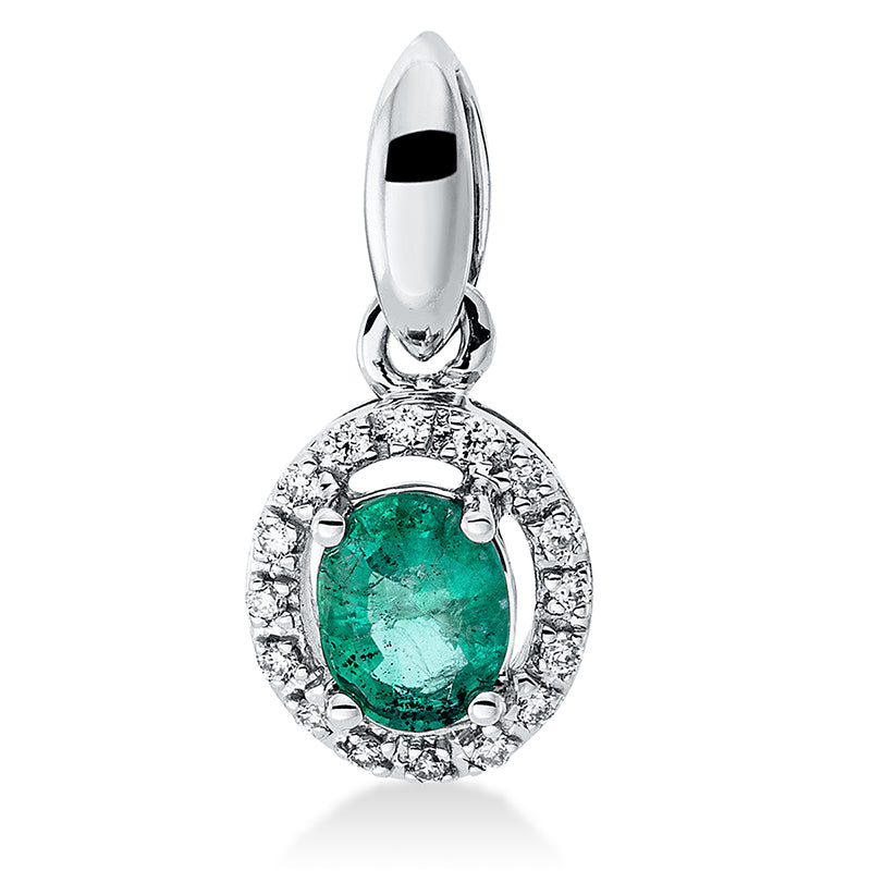 Anhänger 18 kt WG, mit Öse, 16 Brill. 0,05 ct, TW-pi, 1 Smaragd 0,33 ct grün