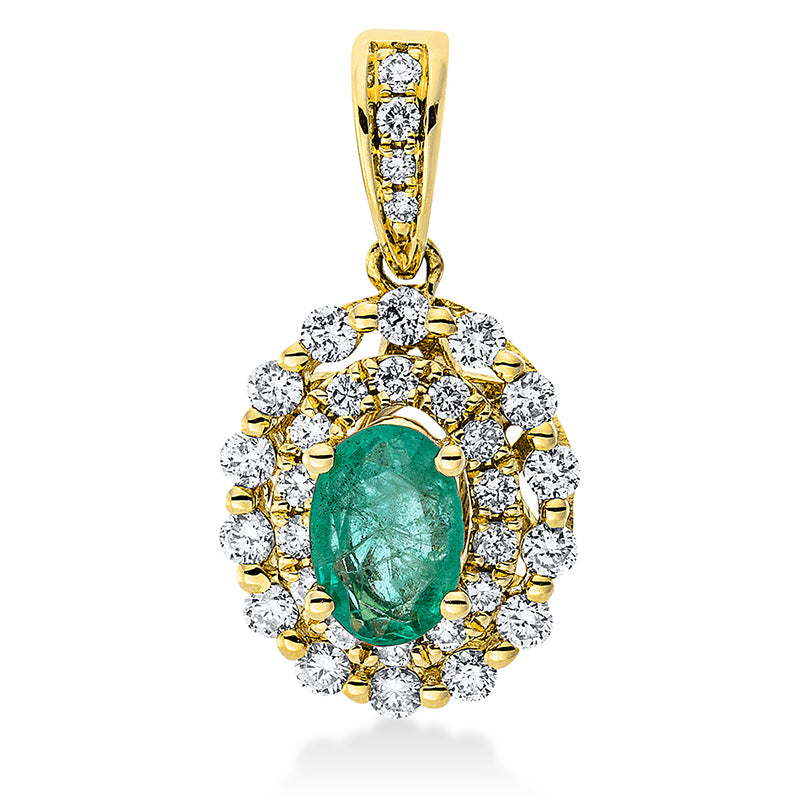 Anhänger 18 kt GG. mit Öse. 14 Brillanten 0.18 ct. TW-pi. 18 Brillanten 0.10 ct. TW-pi. 1 Smaragd 0.40 ct grün. H:17.6 mm. B:9.5 mm. S:6.1 mm