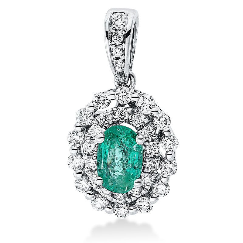 Anhänger 18 kt WG. mit Öse. 14 Brillanten 0.19 ct. TW-pi. 18 Brillanten 0.10 ct. TW-pi. 1 Smaragd 0.38 ct grün. H:17.6 mm. B:9.5 mm. S:6.1 mm