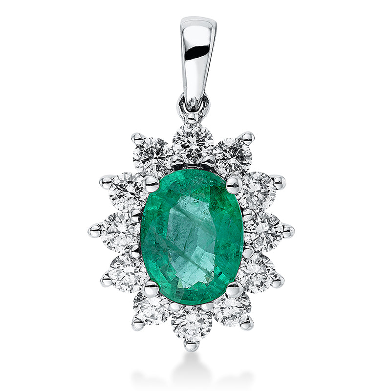 Anhänger 4er-Krappe 18 kt WG. mit Öse. 12 Brillanten 0.61 ct. W-si3. 1 Smaragd 1.20 ct grün. H:20.0 mm. B:12.0 mm. S:6.7 mm