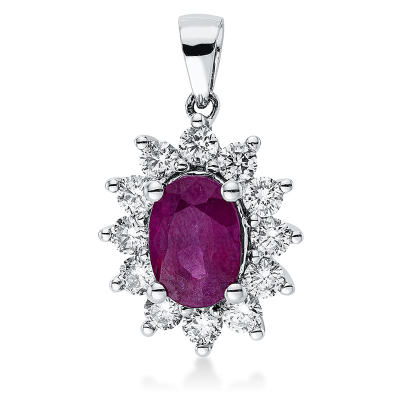 Anhänger 4er-Krappe 18 kt WG. mit Öse. 12 Brillanten 0.46 ct. TW-si. 1 Rubin 1.02 ct rot. H:18.0 mm. B:11.0 mm. S:6.2 mm