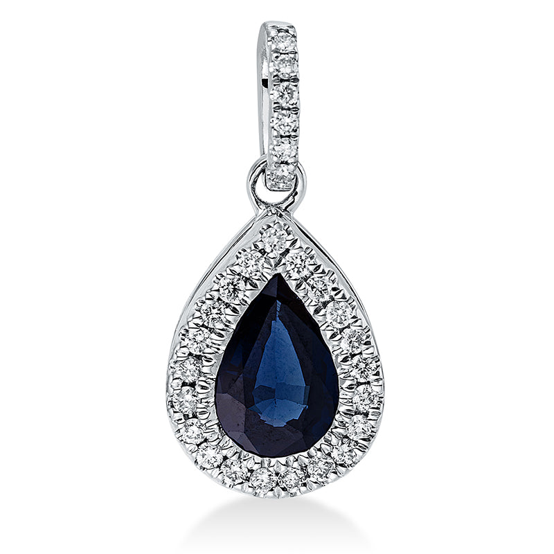 Anhänger 3er-Krappe 18 kt WG. mit Öse. 27 Brillanten 0.11 ct. TW-si. 1 Saphir 0.69 ct blau. H:16.5 mm. B:7.7 mm. S:4.1 mm