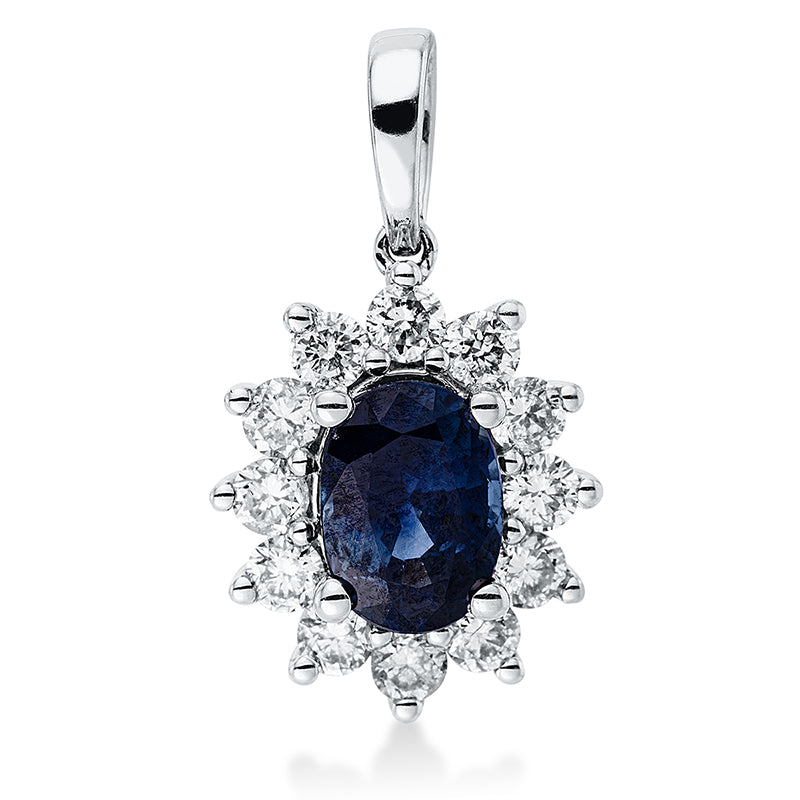 Anhänger 4er-Krappe 18 kt WG. mit Öse. 12 Brillanten 0.53 ct. TW-si. 1 Saphir 1.11 ct blau. H:18.0 mm. B:11.0 mm. S:6.1 mm