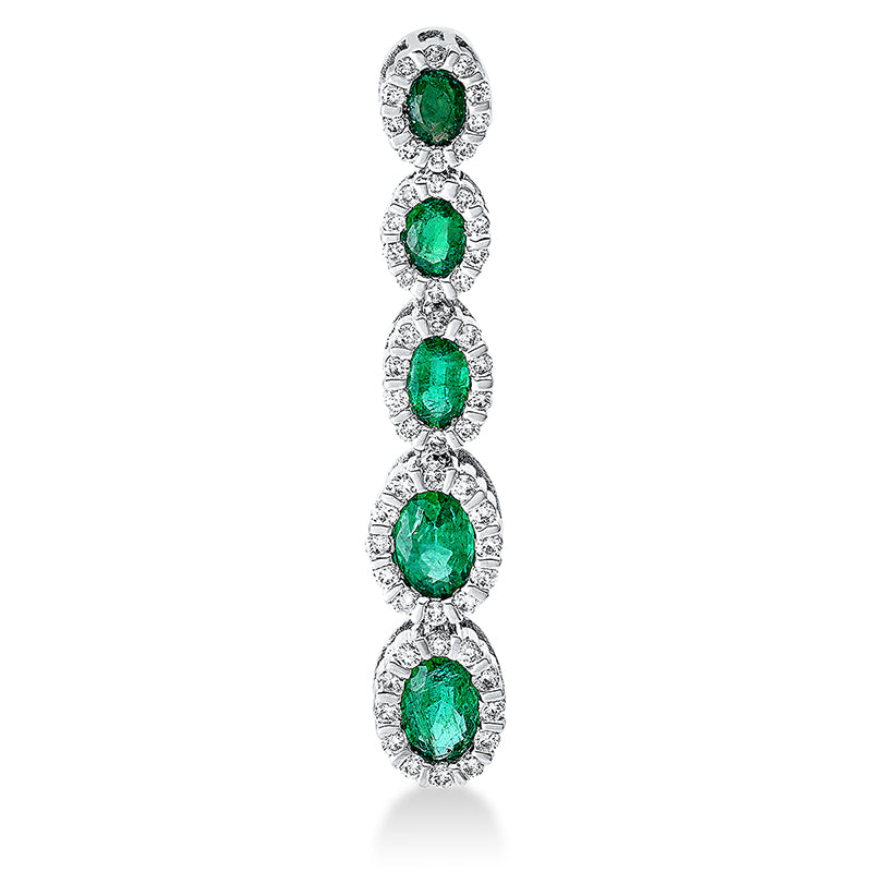 Anhänger 18 kt WG. 54 Brillanten 0.44 ct. TW-si. 5 Smaragde 1.63 ct grün. H:38.0 mm. B:6.6 mm. S:3.8 mm